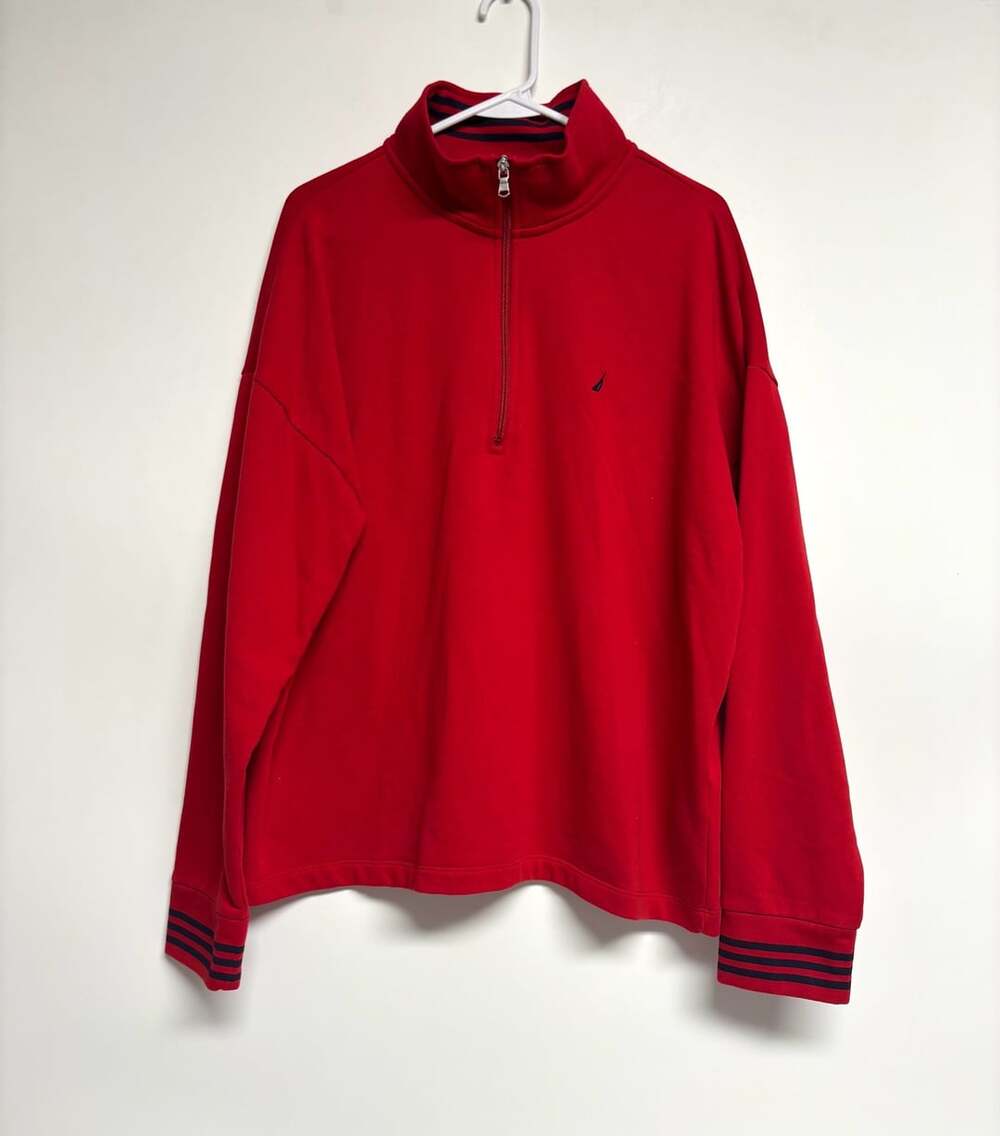 Nautica 1/4 Zip Pullover Sweatshirt Size XXL Red Striped Cuffs